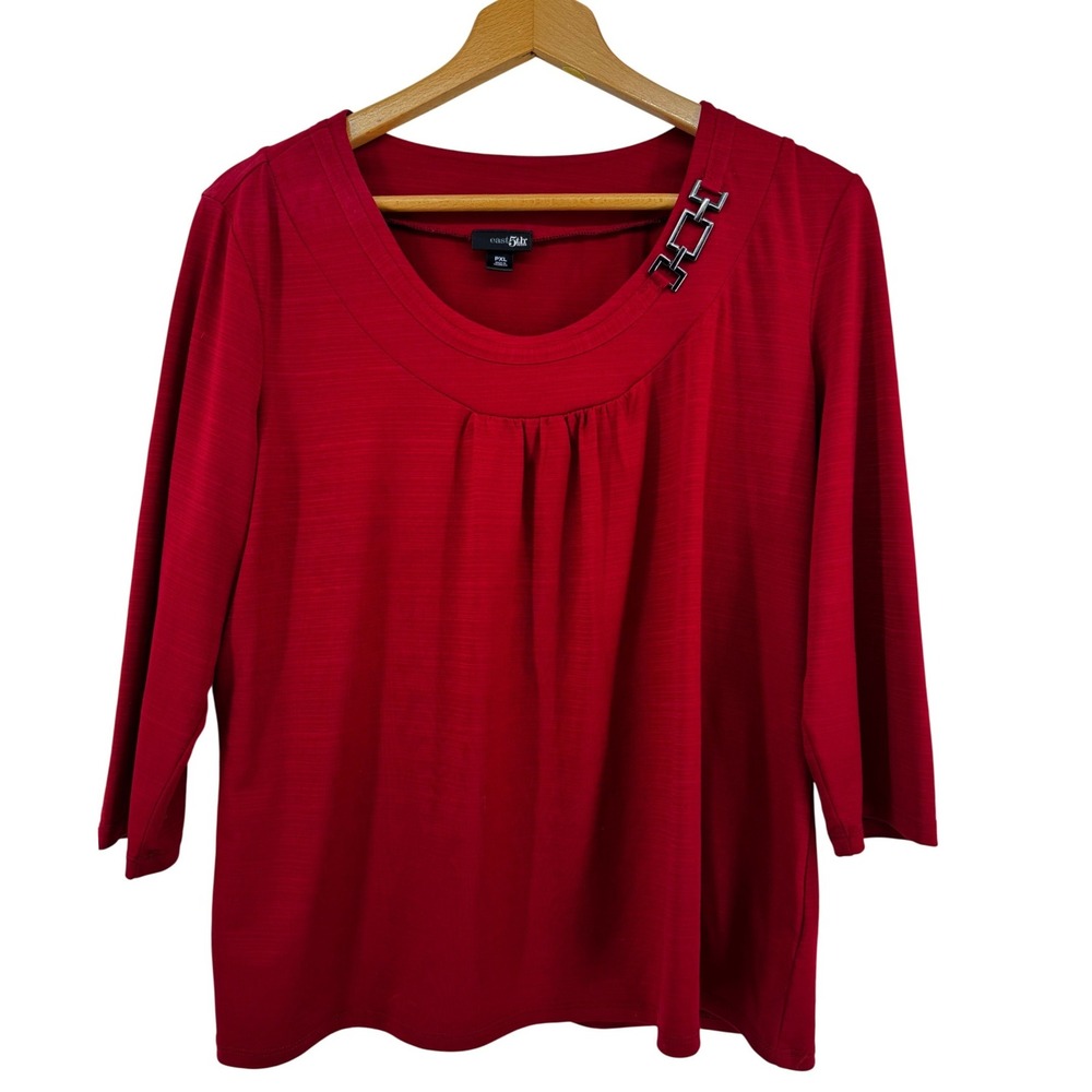 East 5th Petite Women Red 3/4 Sleeve Pleated Blouse Top PXL Silver Hardware Chic